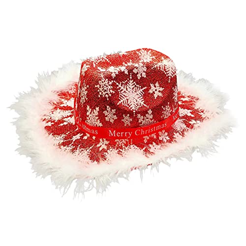 ZWTPGKRD Cowboyhüte mit Federbesatz, Schneeflocken-Druck, Western-Cowgirl-Hut, Erwachsenengröße, Frohe Weihnachten, Kuh-Mädchen für Männer und Frauen, Weihnachten, Cowboyhüte, Federbesatz von ZWTPGKRD