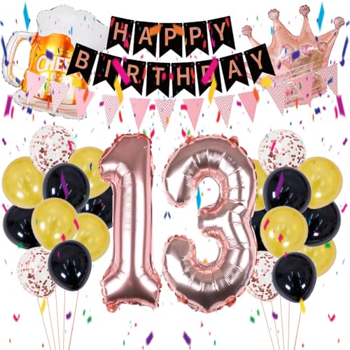 ZWWsullo 13 Geburtstag Dekorationen Mädchen 13 geburtstag deko 13 Geburtstag Dekoration Mädchen Happy Birthday Banner Rosegold Ballons Schwarz Rosegold Luftballons Konfetti Luftballons von ZWWsullo