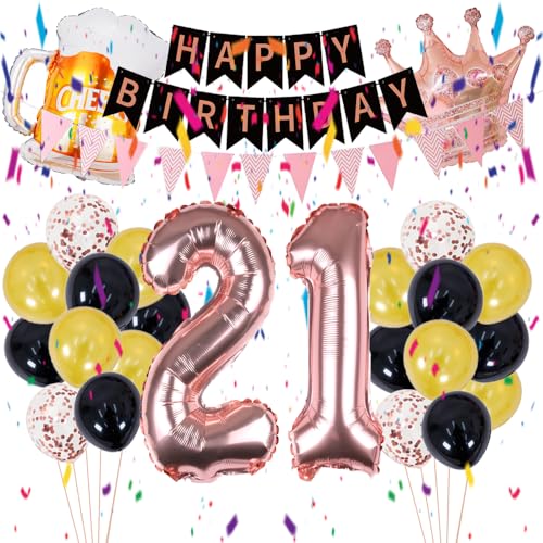 ZWWsullo 21 Geburtstag Dekorationen Mädchen 21 geburtstag deko 21 Geburtstag Dekoration Mädchen Happy Birthday Banner Rosegold Ballons Schwarz Rosegold Luftballons Konfetti Luftballons von ZWWsullo