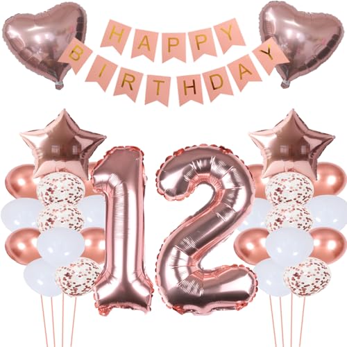 ZWWsullo Folienballon 12 Geburtstag Mädchen geburtstag 12 mädchen 12 jahr geburtstag mädchen deko set Geburtstagsdeko Mädchen 12 jahr Geburtstagsdeko Mädchen Rosegold Zahl Riesen Folienballon Zahl 12 von ZWWsullo