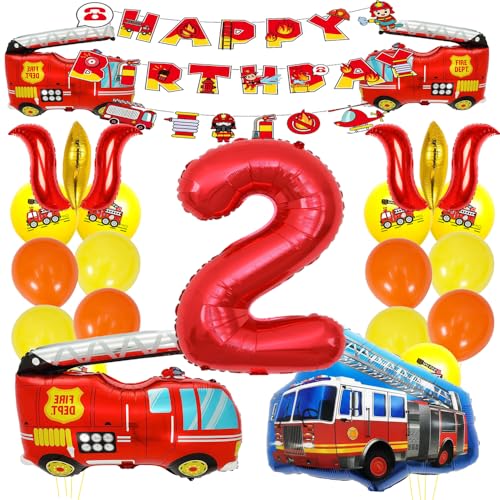 ZWWsullo Folienballon Luftballon deko 2 geburtstag junge Feuerwehrauto 2 Geburtstag Luftballon Happy Birthday Deko Feuerwehr Geburtstag Deko 2 Jahre Feuerwehrauto Folienballon von ZWWsullo