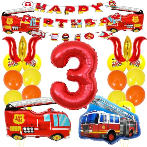 ZWWsullo Folienballon Luftballon 3 Geburtstag Junge Feuerwehrauto Happy Birthday Deko Feuerwehr 3 Jahre von ZWWsullo