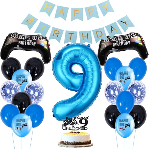 ZWWsullo Gamer Deko 9 Geburtstag Happy Birthday Girlande Banner Deko Junge geburtstag 9 Gamecontroller Luftballons Happy Birthday Girlande Banner Kinder Videospiel Thema Party Zubehör von ZWWsullo