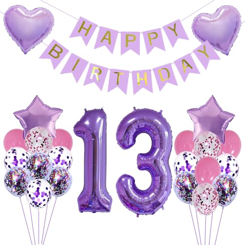 ZWWsullo Geburtstag Party Dekoration 13 Geburtstag Party Dekoration Zubehör 13 Geburtstag Deko Banner Lila Geburtstagsdeko 13 Mädchen Luftballons Geburtstag Set 13 Geburtstag Dekorationen von ZWWsullo