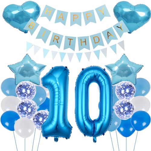 ZWWsullo Geburtstagsdeko Jungen Blau Zahl 10 Geburtstag Junge Mädchen Luftballon-Zahl Riesen Folienballon Geburtstagsdeko Junge 10 Geburtstag Dekoration 10 jahre Geburtstag Junge Dekoration set von ZWWsullo