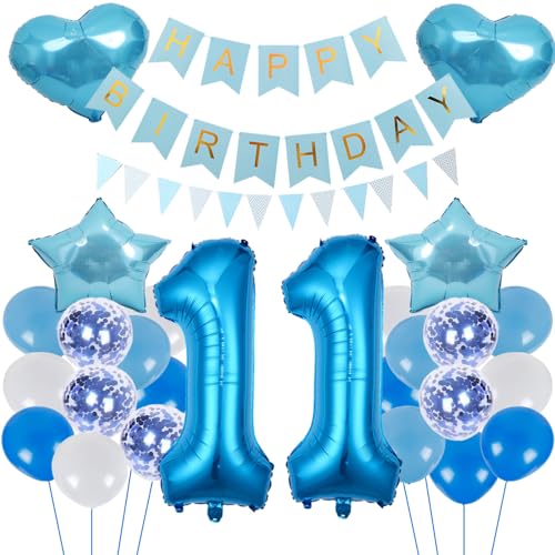 ZWWsullo Geburtstagsdeko Jungen Blau Zahl 11 Geburtstag Junge Mädchen Luftballon-Zahl Riesen Folienballon Geburtstagsdeko Junge 11 Geburtstag Dekoration 11 jahre Geburtstag Junge Dekoration set von ZWWsullo