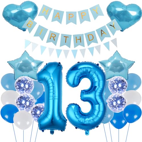 ZWWsullo Geburtstagsdeko Blau Zahl 13 für Jungen und Mädchen - Luftballon-Zahl Riesen Folienballon Dekoration Set von ZWWsullo
