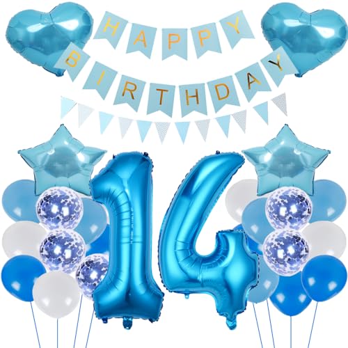 ZWWsullo Geburtstagsdeko Blau Zahl 14 für Jungen und Mädchen - Luftballon-Zahl Riesen Folienballon Dekoration Set von ZWWsullo