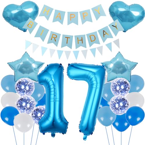 ZWWsullo Geburtstagsdeko Blau Zahl 17 für Jungen und Mädchen - Luftballon-Zahl Riesen Folienballon Dekoration Set von ZWWsullo