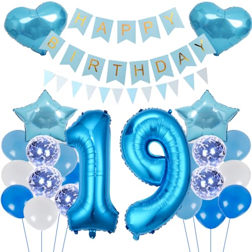 ZWWsullo Geburtstagsdeko Blau Zahl 19 für Jungen und Mädchen - Luftballon-Zahl Riesen Folienballon Dekoration Set von ZWWsullo