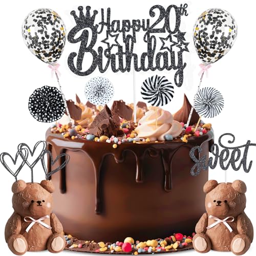 ZWWsullo Glitter Cake Topper Happy 20th Birthday Tortendeko 20 Geburtstag Kuchen Deko Tortendeko 20 Geburtstag Mädchen Jungen Schwarz Kuchen Deko 20 Geburtstag Cake Topper von ZWWsullo