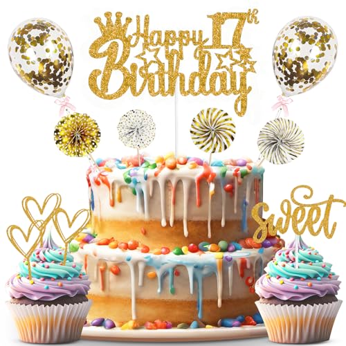 ZWWsullo Happy 17th Birthday Kuchendeko Gold Cake Topper Deko 17 Geburtstag Happy Birthday Cake Topper Tortendeko 17 Kuchen Topper Tortendeko 17 Geburtstag Frau Männer von ZWWsullo