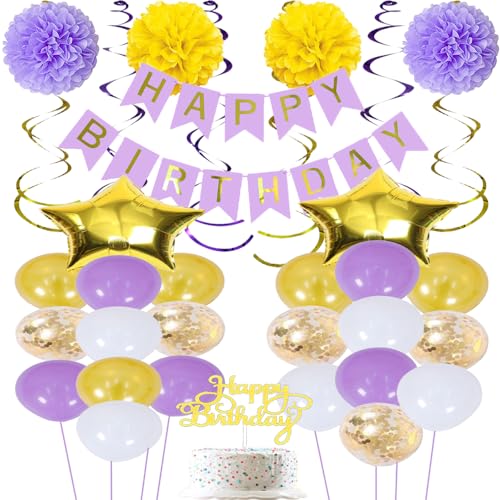 ZWWsullo Happy Birthday Banner Geburtstag Party Dekoration Lila Geburtstag Dekoration Mädchen Luftballons Geburtstag Set Geburtstag Party Dekoration Zubehör Hängender Papierfächer Wabenball von ZWWsullo
