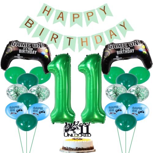 ZWWsullo Luftballon 11 Geburtstag Deko Grün Geburtstagsdeko Jungen 11 Jahre Game-Controller-Luftballons Happy Birthday-Banner Videospiel Luftballon 11 Geburtstag Gamer Deko Geburtstag von ZWWsullo