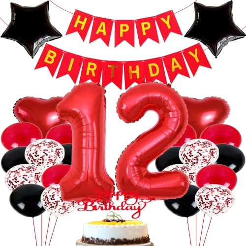 ZWWsullo Luftballon 12 Geburtstag Mädchen geburtstagdeko mädchen 12 jahre Deko 12 Geburtstag Mädchen Junge Rot Schwarz Geburtstag Deko Junge Mädchen Luftballon Geburtstag von ZWWsullo