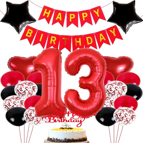 ZWWsullo Luftballon 13 Geburtstag Mädchen geburtstagdeko mädchen 13 jahre Deko 13 Geburtstag Mädchen Junge Rot Schwarz Geburtstag Deko Junge Mädchen Luftballon Geburtstag von ZWWsullo