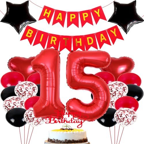 ZWWsullo Luftballon 15 Geburtstag Mädchen geburtstagdeko mädchen 15 jahre Deko 15 Geburtstag Mädchen Junge Rot Schwarz Geburtstag Deko Junge Mädchen Luftballon Geburtstag von ZWWsullo