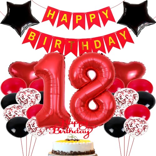 ZWWsullo Luftballon 18 Geburtstag Mädchen geburtstagdeko mädchen 18 jahre Deko 18 Geburtstag Mädchen Junge Rot Schwarz Geburtstag Deko Junge Mädchen Luftballon Geburtstag von ZWWsullo