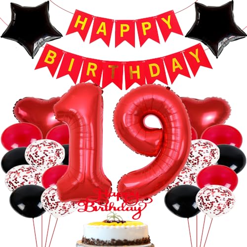 ZWWsullo Luftballon 19 Geburtstag Mädchen geburtstagdeko mädchen 19 jahre Deko 19 Geburtstag Mädchen Junge Rot Schwarz Geburtstag Deko Junge Mädchen Luftballon Geburtstag von ZWWsullo