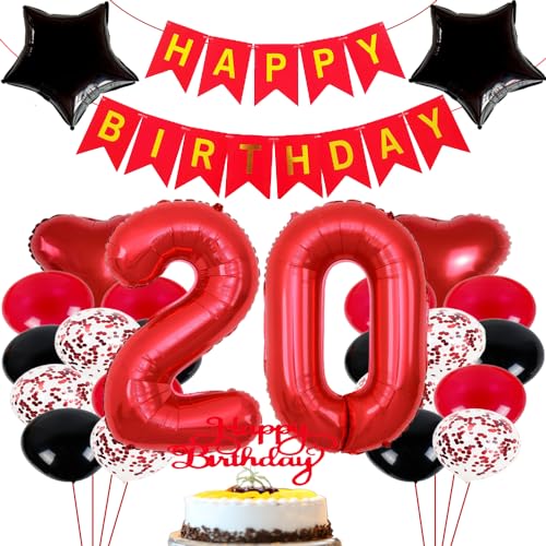 ZWWsullo Luftballon 20 Geburtstag Mädchen geburtstagdeko mädchen 20 jahre Deko 20 Geburtstag Mädchen Junge Rot Schwarz Geburtstag Deko Junge Mädchen Luftballon Geburtstag von ZWWsullo