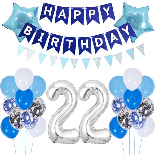 ZWWsullo Luftballon 22 Geburtstag Deko Junge Blau Dekoration Silber Geburtstagsdeko 22 Jahre ballon silber blau tortendeko Folienballon Geburtstagsdeko PartyDeko Luftballon Geburtstag Jungen von ZWWsullo