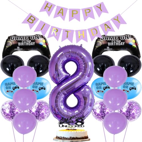 ZWWsullo Luftballon 8 Geburtstag Junge Gaming Controller Luftballons Videospiel Ballon Gaming Party Geburtstag Deko 8 jahre Cake Topper(Schwarz & Lila) Geburtstagsdeko Dekoration Junge von ZWWsullo