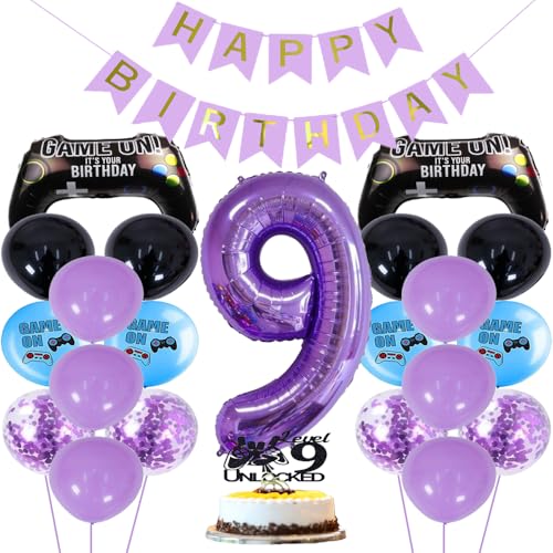ZWWsullo Luftballon 9 Geburtstag Junge Gaming Controller Luftballons Videospiel Ballon Gaming Party Geburtstag Deko 9 jahre Cake Topper(Schwarz & Lila) Geburtstagsdeko Dekoration Junge von ZWWsullo