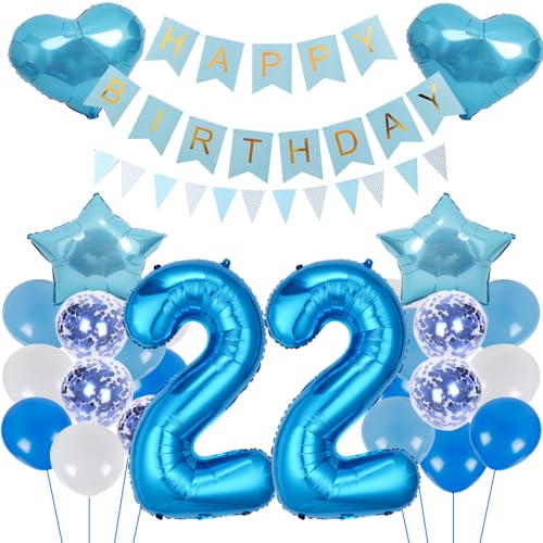 ZWWsullo Luftballon Geburtstagsdeko Jungen Blau Zahl 22 Geburtstag Mädchen Luftballon-Zahl Riesen Folienballon Geburtstagsdeko Junge Dekoration 22 jahre Geburtstag Junge Party Dekoration von ZWWsullo