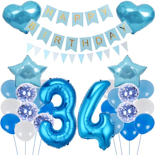 ZWWsullo Luftballon Geburtstagsdeko Jungen Blau Zahl 34 Geburtstag Mädchen Luftballon-Zahl Riesen Folienballon Geburtstagsdeko Junge Dekoration 34 jahre Geburtstag Junge Party Dekoration von ZWWsullo
