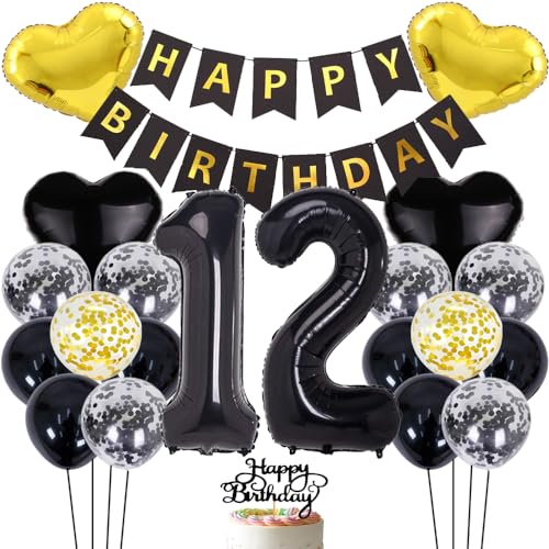ZWWsullo Luftballon zum 12 Geburtstag zum 12 Geburtstag Mädchen Junge Party Deko 12 Schwarz 12 Geburtstag Dekoration Geburtstag Junge Tortendeko Luftballon 12 Geburtstag Dekoration von ZWWsullo