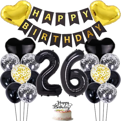 ZWWsullo Luftballons 26 Geburtstag Dekoration Ballons 26 Geburtstag Frauen Männer Party Deko Schwarz Luftballon Geburtstagsdekoration Schwarz Tortendeko happy birthday banner Party Deko von ZWWsullo