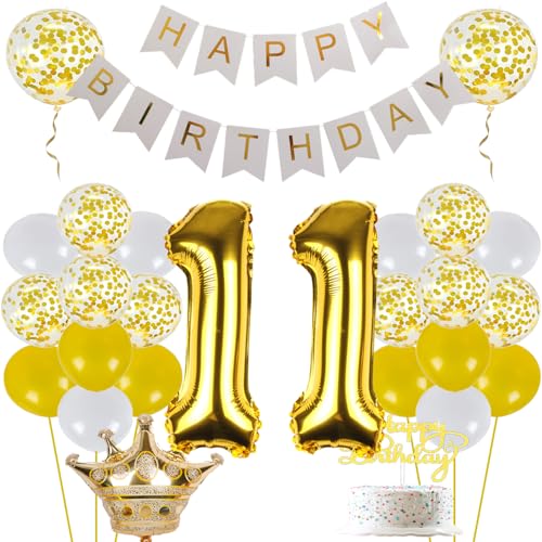 ZWWsullo Luftballons Geburtstag Set 11 geburtstag deko gold Ballon 11 Deko zum Geburtstag Mann Frau Geburtstagsdeko 11 Männer Frauen mit Happy Birthday Banner Luftballon 11 Geburtstag Deko Gold von ZWWsullo