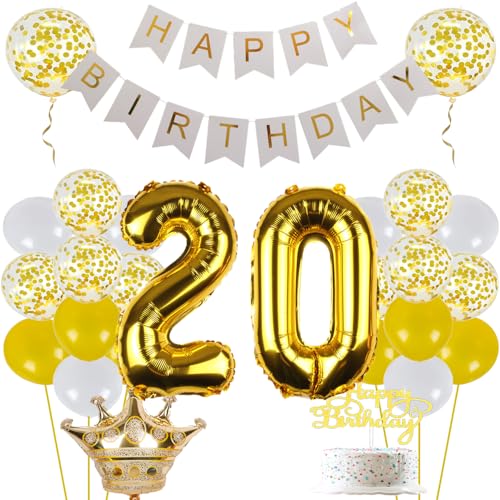 ZWWsullo Luftballons Geburtstag Set 20 geburtstag deko gold Ballon 20 Deko zum Geburtstag Mann Frau Geburtstagsdeko 20 Männer Frauen mit Happy Birthday Banner Luftballon 20 Geburtstag Deko Gold von ZWWsullo