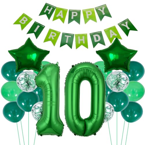 ZWWsullo Luftballons Zahl 10 Grün Happy Birthday Girlande Luftballons 10. Geburtstag Grün mit Girlande happy birthday 10 jahre deko Grün XXXL Riesen Folienballon 10 Folienballon 10 Junge von ZWWsullo