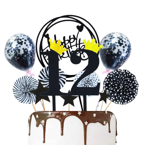 ZWWsullo Tortendeko 12 Schwarz Happy Birthday Tortendeko Glitzer Happy 12th Birthday Cake Topper tortendeko 12 geburtstag junge kuchendeko 12 geburtstag junge essbar 12 Geburtstagstorte Topper von ZWWsullo