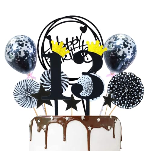 ZWWsullo Tortendeko 13 Schwarz Happy Birthday Tortendeko Glitzer Happy 13th Birthday Cake Topper tortendeko 13 geburtstag junge kuchendeko 13 geburtstag junge essbar 13 Geburtstagstorte Topper von ZWWsullo