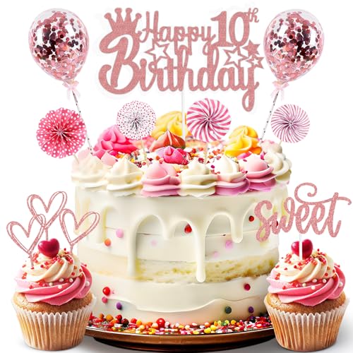 ZWWsullo Tortendeko Rosegold 10 Jahre Mädchen Jungen Happy 10th Birthday Cake Topper Glitzer Kuchen Topper Konfetti Luftballons 10 Geburtstagstorte Dekoration Geburtstag Kuchen Deko von ZWWsullo