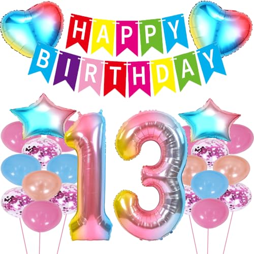ZWWsullo geburtstagsdeko mädchen 13 geburtstag Luftballon 13 Geburtstag Dekoration Set 13 Geburtstag Deko Regenbogen 13 Geburtstag Deko Helium Folienballon Riesen Helium Happy Birthday Party von ZWWsullo