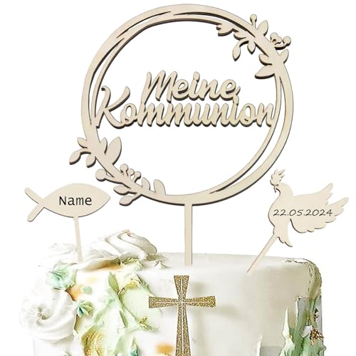 3 Stück Meine Kommunion Tortendeko Cake Topper Kommunion Holz Tortendeko Konfirmation Tortenaufleger Taube Fisch Party deko Kuchendeko für Junge Mädchen von ZWXSTAR