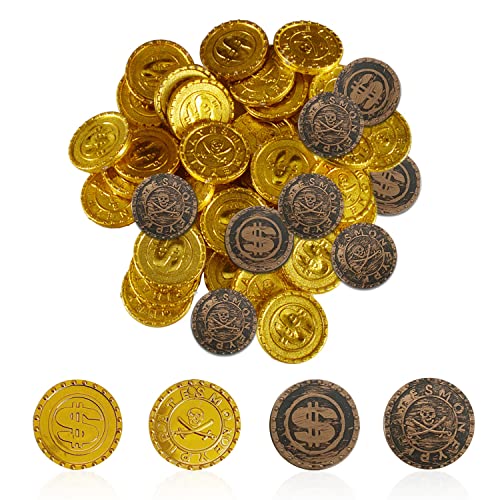 Set mit 120 Spielzeugmünzen, 100 Gold und 20 Bronze, Piratenschatz Schatz Goldmünze Spielzeug, Goldmünze Spielmünzen für Piratenparty, Kinderspiele, Kindergeburtstagsdekoration von ZWZNBL