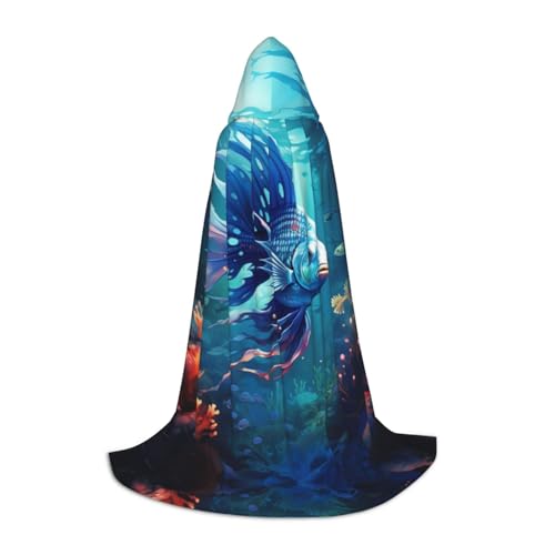 ZXERTG Blauer Ozean, Unterwasserfisch-Druck, Kapuzenumhang für Halloween-Kostüme, perfekt für Zauberer, Vampir, Sensenmann und mehr Cosplay von ZXERTG