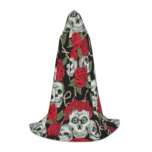 ZXERTG Kapuzenumhang mit Totenkopf und roter Rose für Halloween-Kostüme, perfekt für Zauberer, Vampir, Sensenmann und Cosplay von ZXERTG