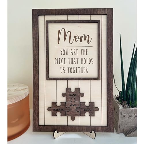 Holzpuzzle-Schild zum Muttertag, personalisiertes Geschenk für Mutter, Mutter, Sie sind das Stück, das uns zusammenhält, Mutter-Puzzleteil, Geburtstagsgeschenk für Mutter, Oma (Braun, 18 x 28 cm) von ZXH