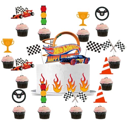 Hot Wh-eels Kuchendeko Geburtstag Set,20pcs Rennauto Tortendeko aus Papier,für Kindergeburtstag Cupcakes, Motivtorten & AutoTheme-Deko von ZXHBPPBF