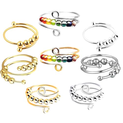 8 Stück Anti Stress Ring mit drehbaren Perlen für Damen, Anxiety Ring zur Linderung von Nervosität und Stress, Fidget Ring für Fingerübungen Mädchen und Frauen, 4 Gold und 4 Silber 8 Stück Anti Stress Ring mit drehbaren Perlen für Damen, Anxiety Ring zur Linderung von Nervosität und Stress, Fidget Ring für Fingerübungen Mädchen und Frauen, 4 Gold und 4 Silber von ZXJLWR