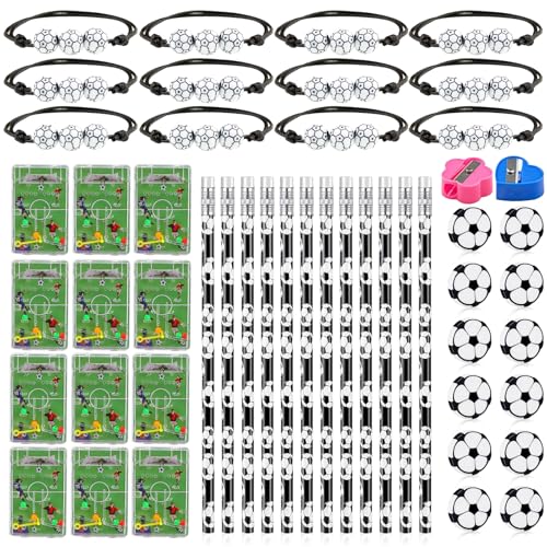 ZXJLWR 50 Stück Fussball Deko Geburtstag Kinder, Party-Mitgebsel mit Bleistift Radiergummis Spielzeugteller Armband Bleistiftspitzer, Fussball Geburtstag für Kindergeburtstag von ZXJLWR
