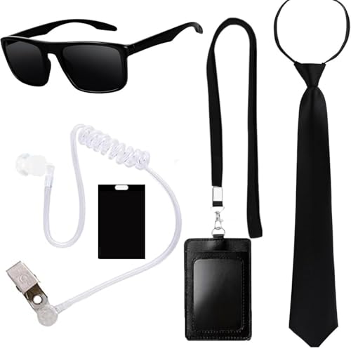 ZXJLWR Men In Black Kostüm, 6 Stück Agenten Kostüm, Men In Black Kostüm Zubehör Mit Sonnenbrille Krawatte Ohrhörer Und ID Karte, Rollenspiel Security Kostüm Für Erwachsene Und Kinder von ZXJLWR