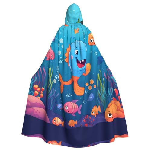 ZXMDZTSS Cartoon-Meeresfisch-Druck, Halloween-Kapuzenumhang für Erwachsene, vollständiger Druck, Party-Kostüm, Bindeverschluss, Polyester von ZXMDZTSS
