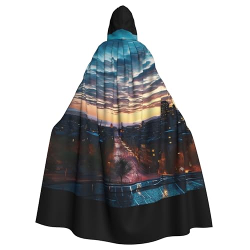 ZXMDZTSS Cityscape Dusk - Print Halloween Kapuzenumhang Erwachsene | Volldruck Umhang | Partykostüm | Bindeverschluss Polyester von ZXMDZTSS