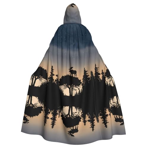 ZXMDZTSS Elch, Berg, Kiefernbaum, Wildnis, Druck, Halloween, Kapuzenumhang, Erwachsene, Volldruck, Partykostüm, Bindeverschluss, Polyester von ZXMDZTSS